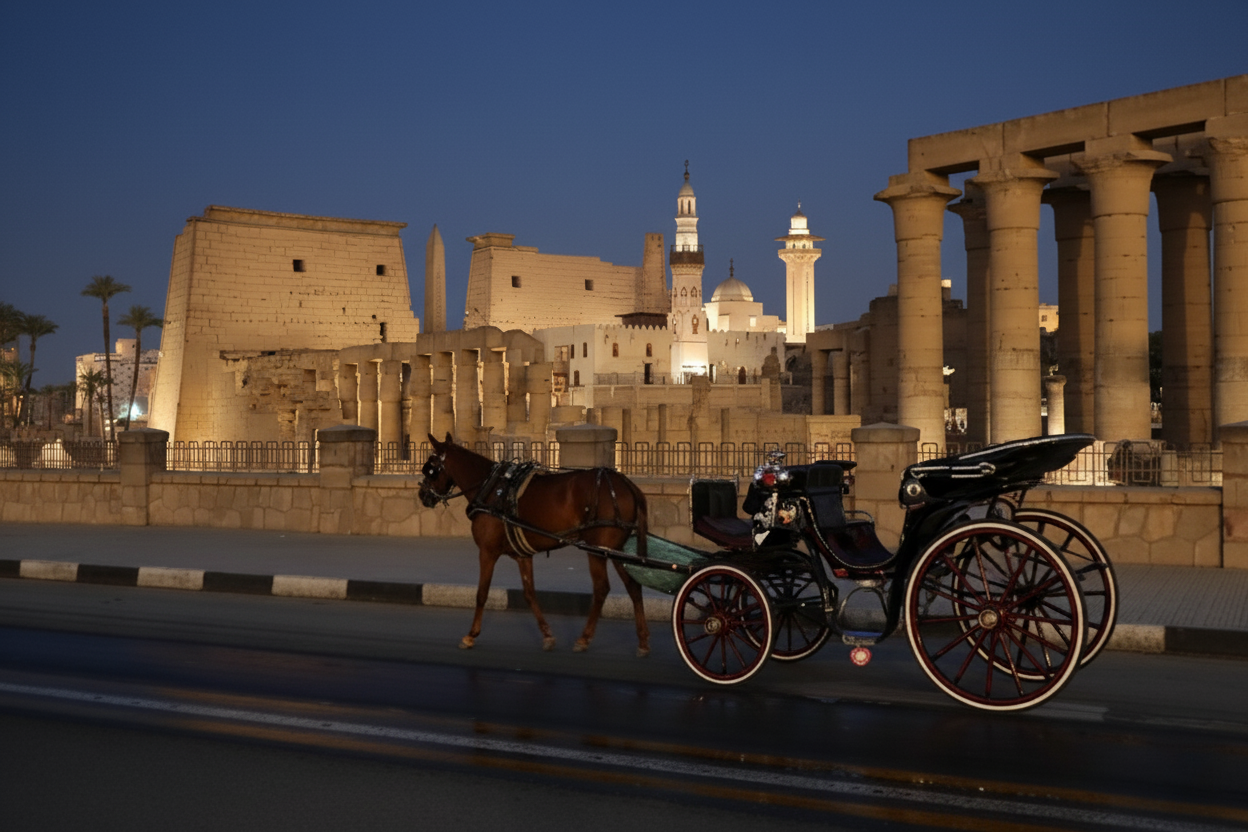 Aswan by night with the Spice Market on horse-drawn carriage